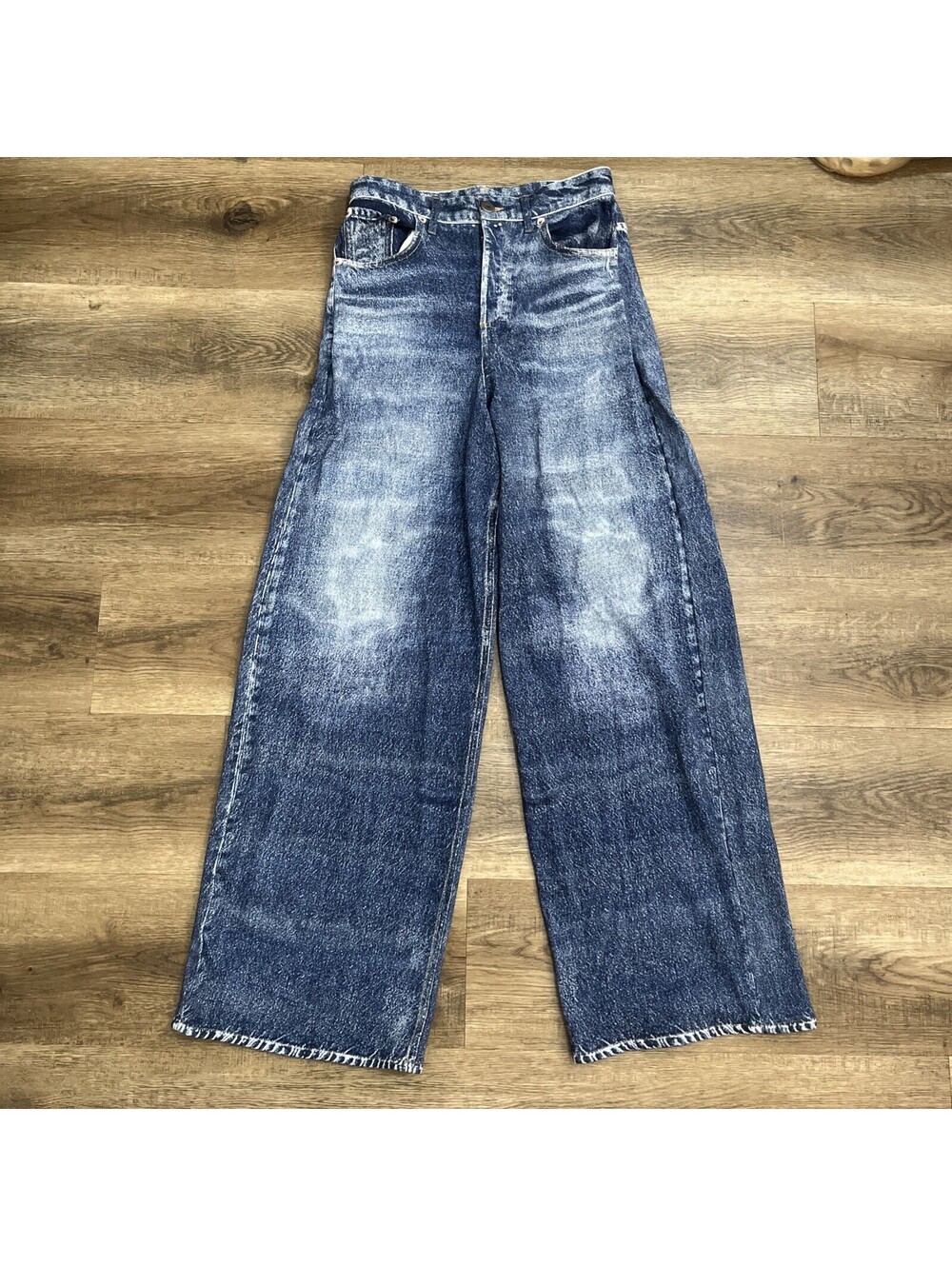 Elan Women’s Blue Denim Wide-Leg Sweatpants Jeans Solid Pattern Regular Size S